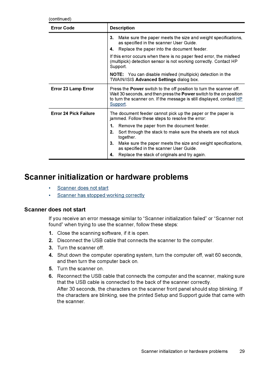 HP N7000 Document manual Scanner initialization or hardware problems, Scanner does not start 