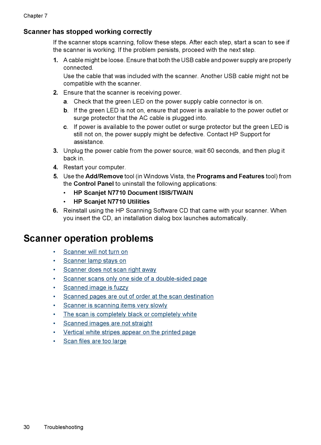 HP N7000 Document manual Scanner operation problems, Scanner has stopped working correctly 