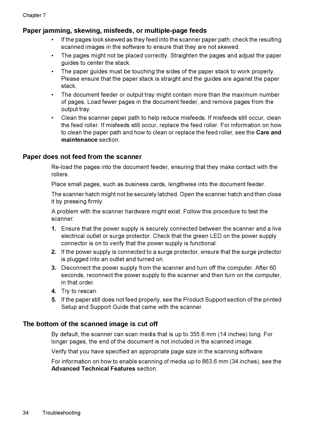 HP N7000 Document manual Paper jamming, skewing, misfeeds, or multiple-page feeds, Paper does not feed from the scanner 