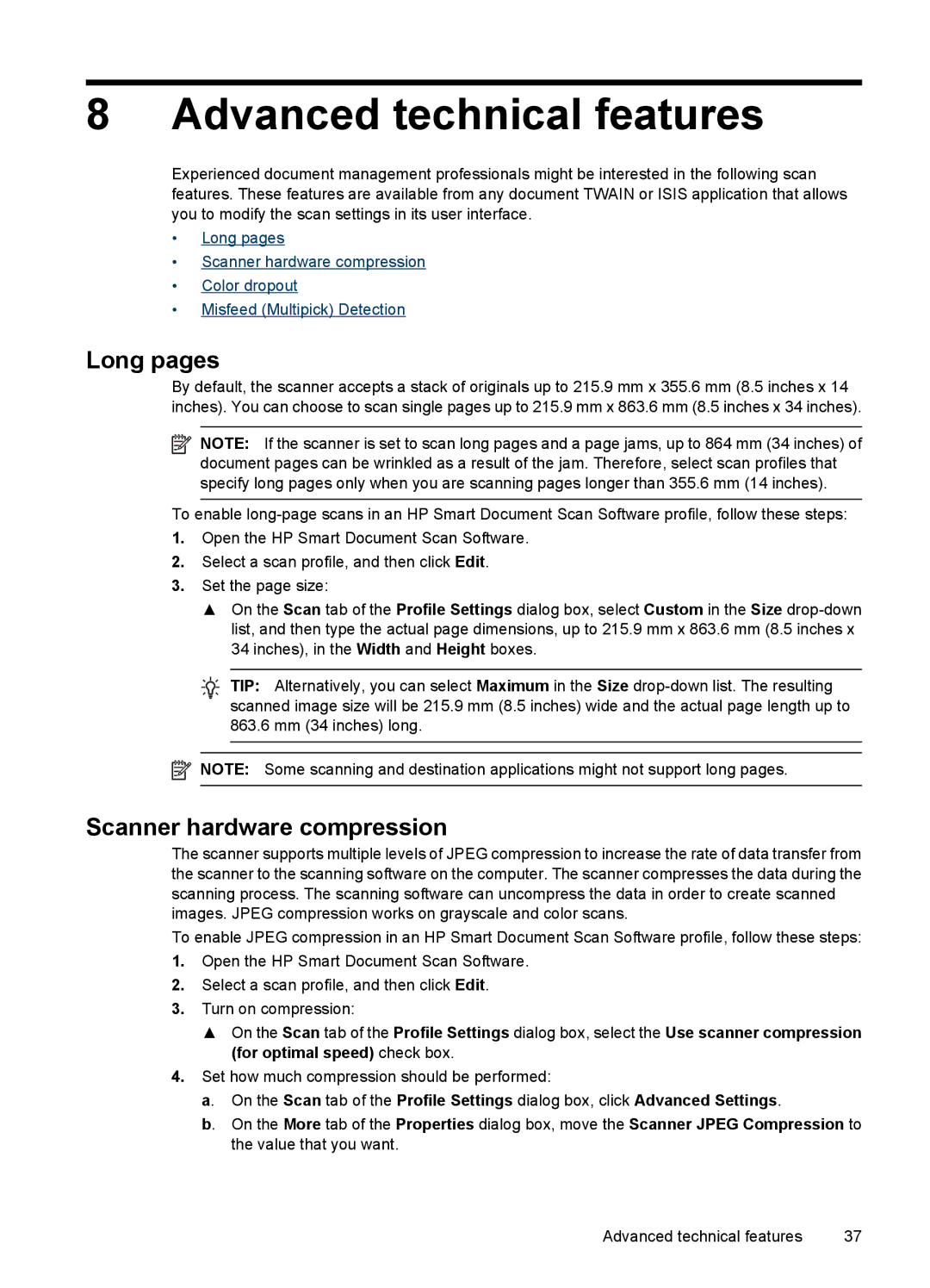 HP N7000 Document manual Advanced technical features, Long pages 