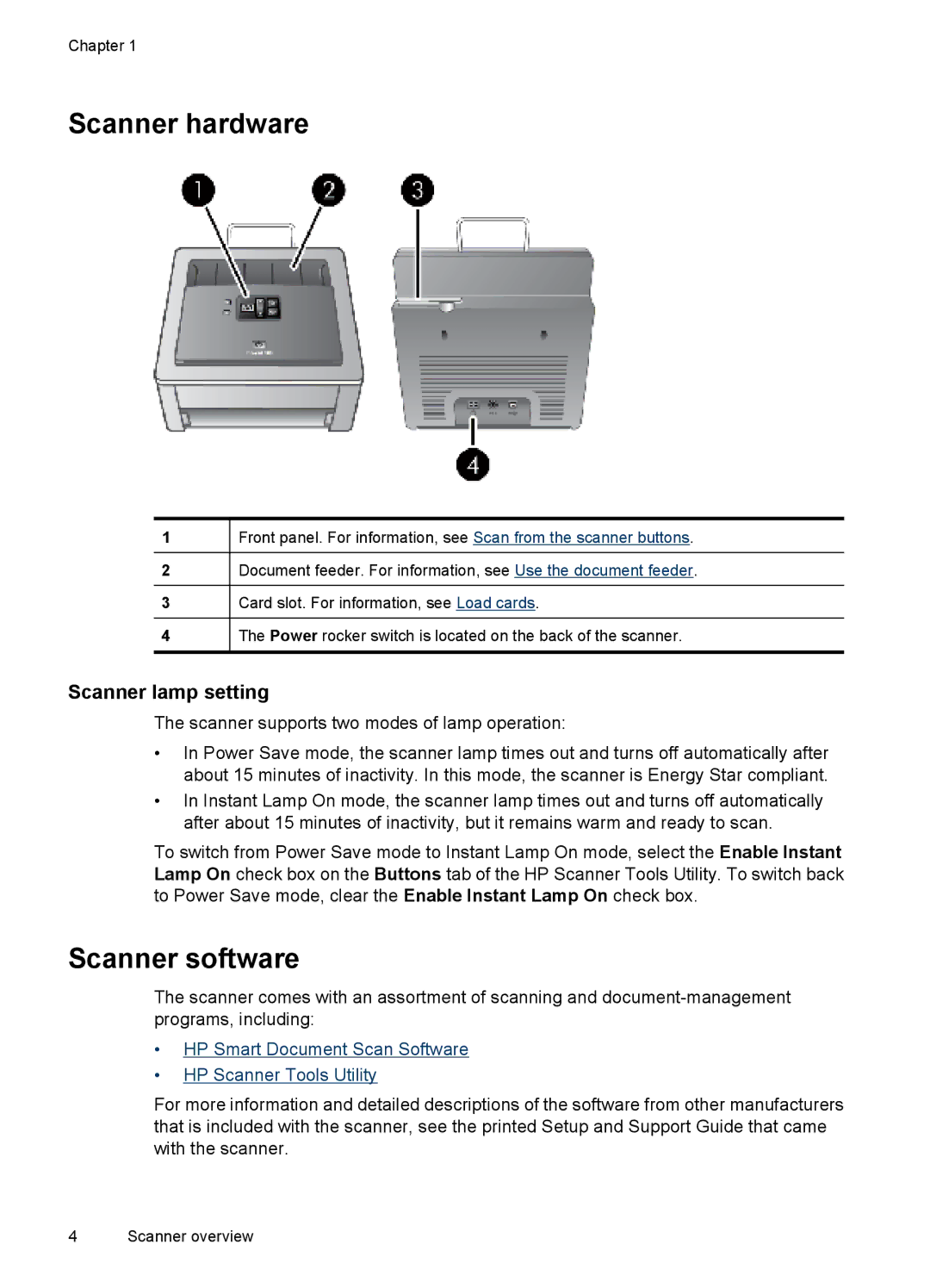 HP N7000 Document manual Scanner hardware, Scanner software, Scanner lamp setting 