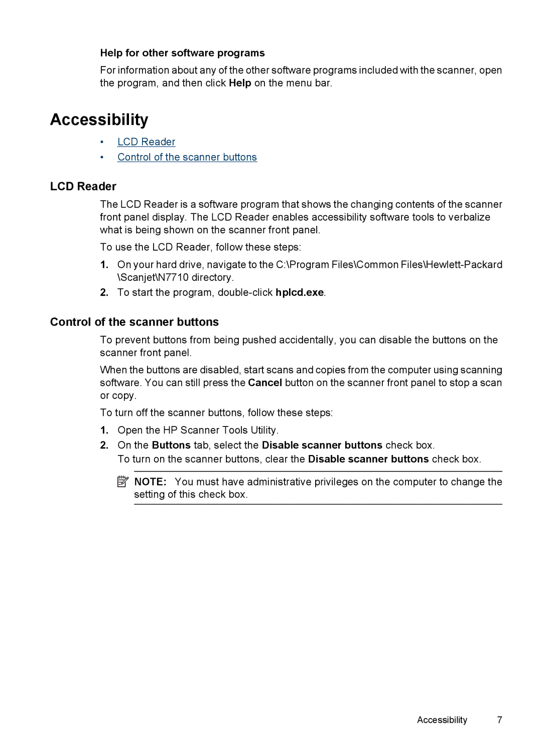 HP N7000 Document manual Accessibility, LCD Reader, Control of the scanner buttons, Help for other software programs 