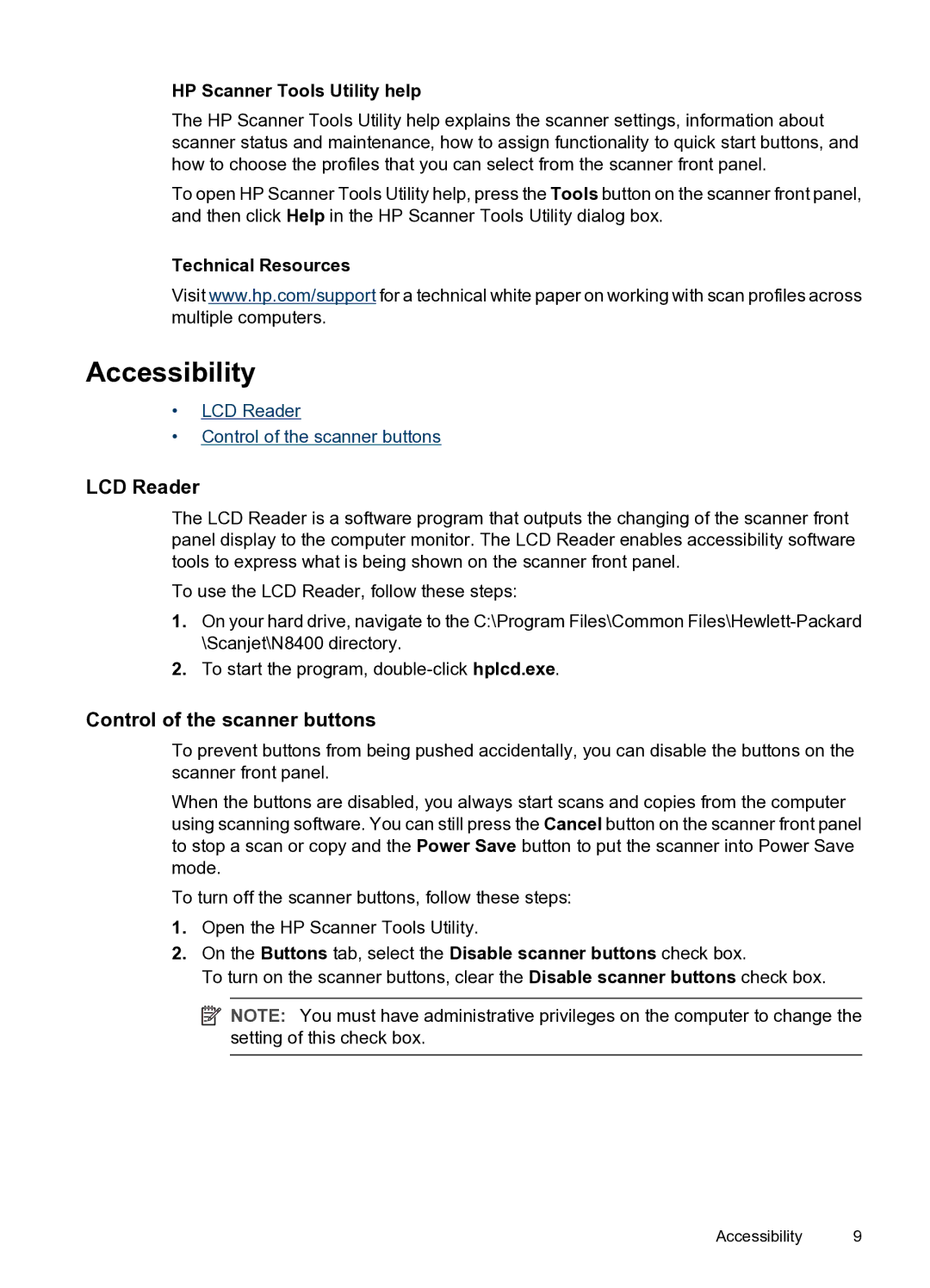 HP N8400 Accessibility, LCD Reader, Control of the scanner buttons, HP Scanner Tools Utility help, Technical Resources 