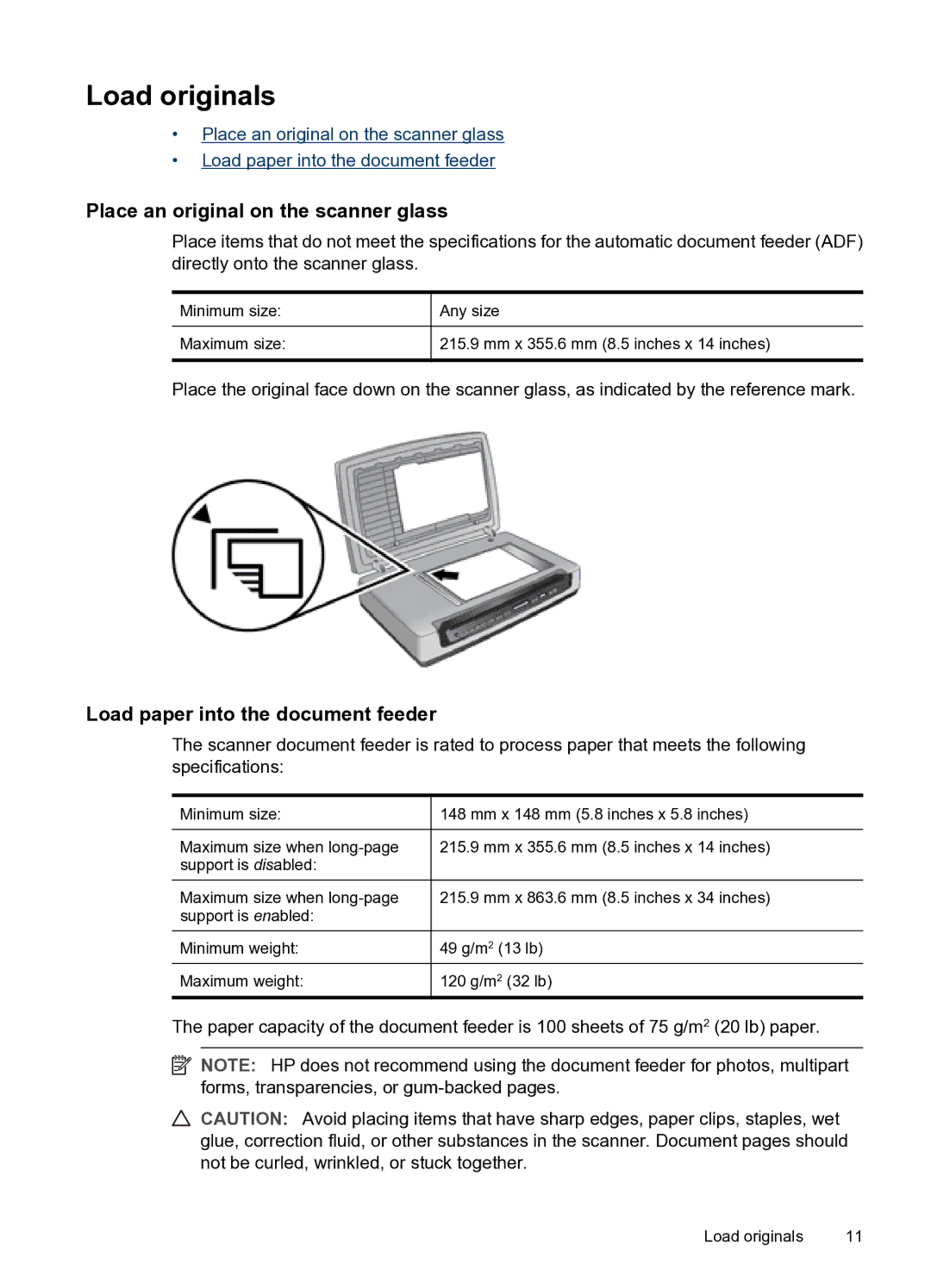 HP N8400 manual Load originals, Place an original on the scanner glass, Load paper into the document feeder 