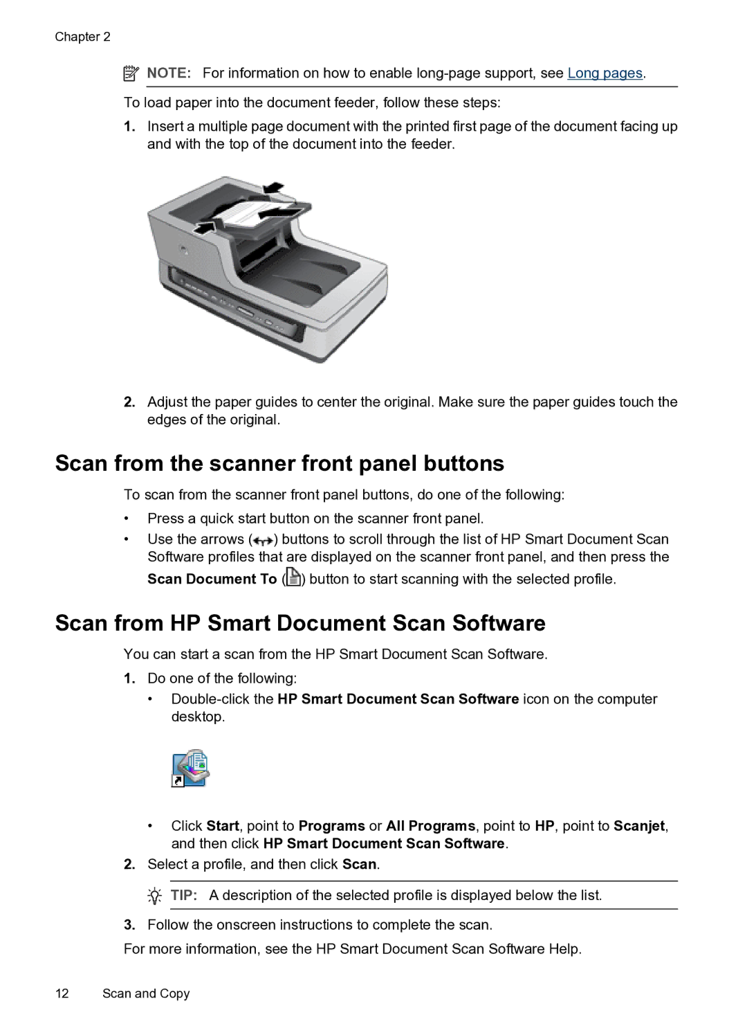 HP N8400 manual Scan from the scanner front panel buttons, Scan from HP Smart Document Scan Software 