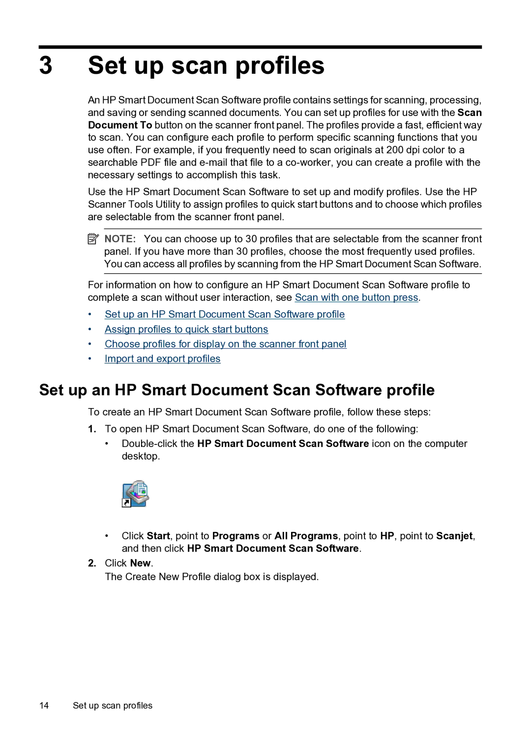 HP N8400 manual Set up scan profiles, Set up an HP Smart Document Scan Software profile 