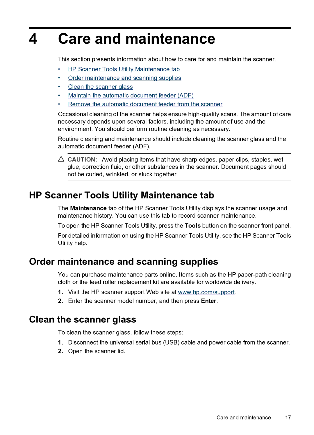 HP N8400 manual Care and maintenance, HP Scanner Tools Utility Maintenance tab, Order maintenance and scanning supplies 