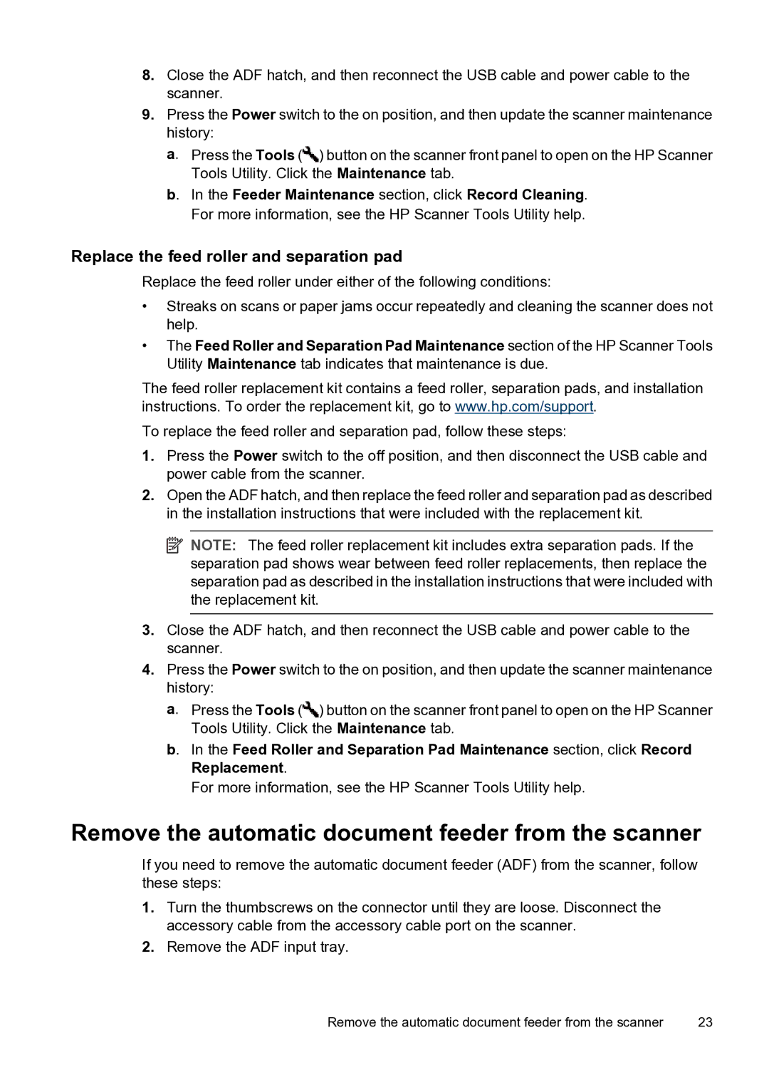 HP N8400 manual Remove the automatic document feeder from the scanner, Replace the feed roller and separation pad 