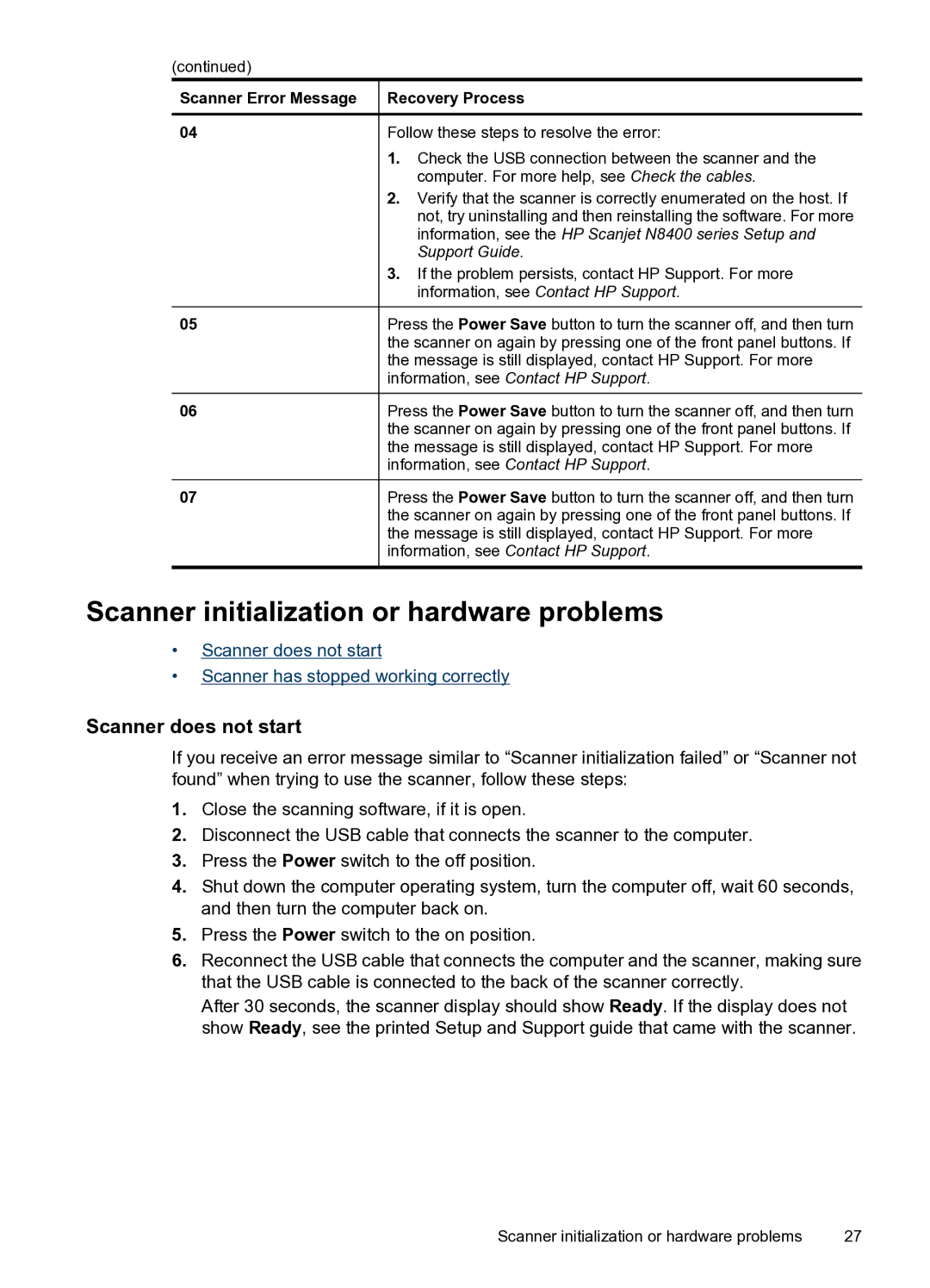 HP N8400 manual Scanner initialization or hardware problems, Scanner does not start 