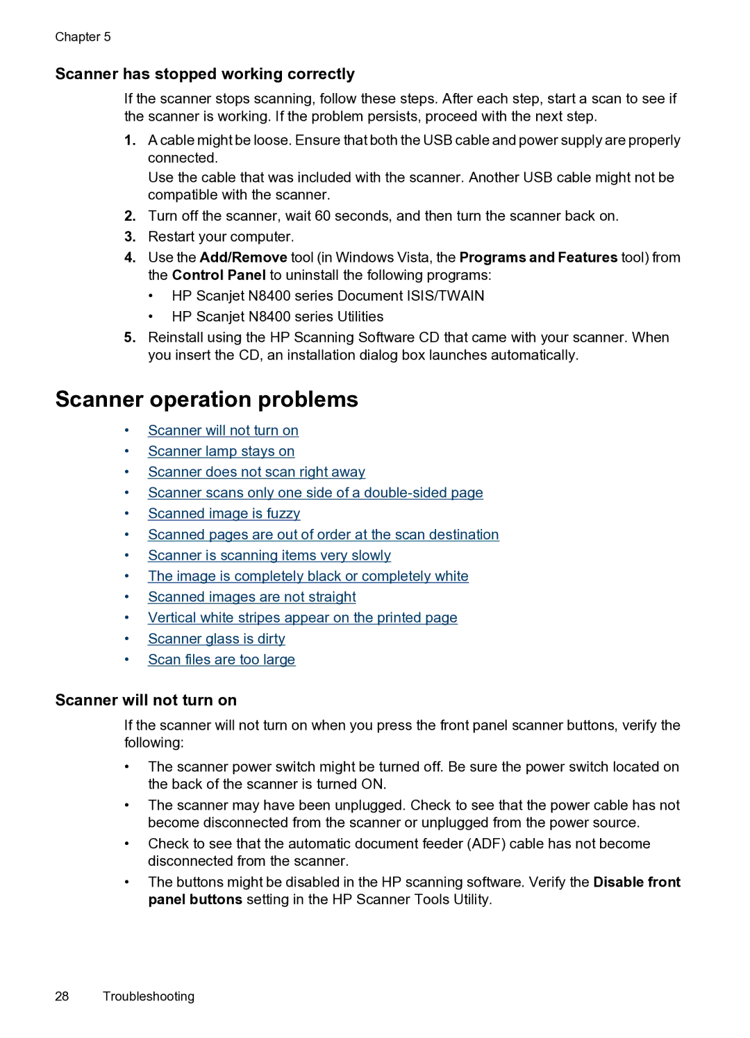 HP N8400 manual Scanner operation problems, Scanner has stopped working correctly, Scanner will not turn on 