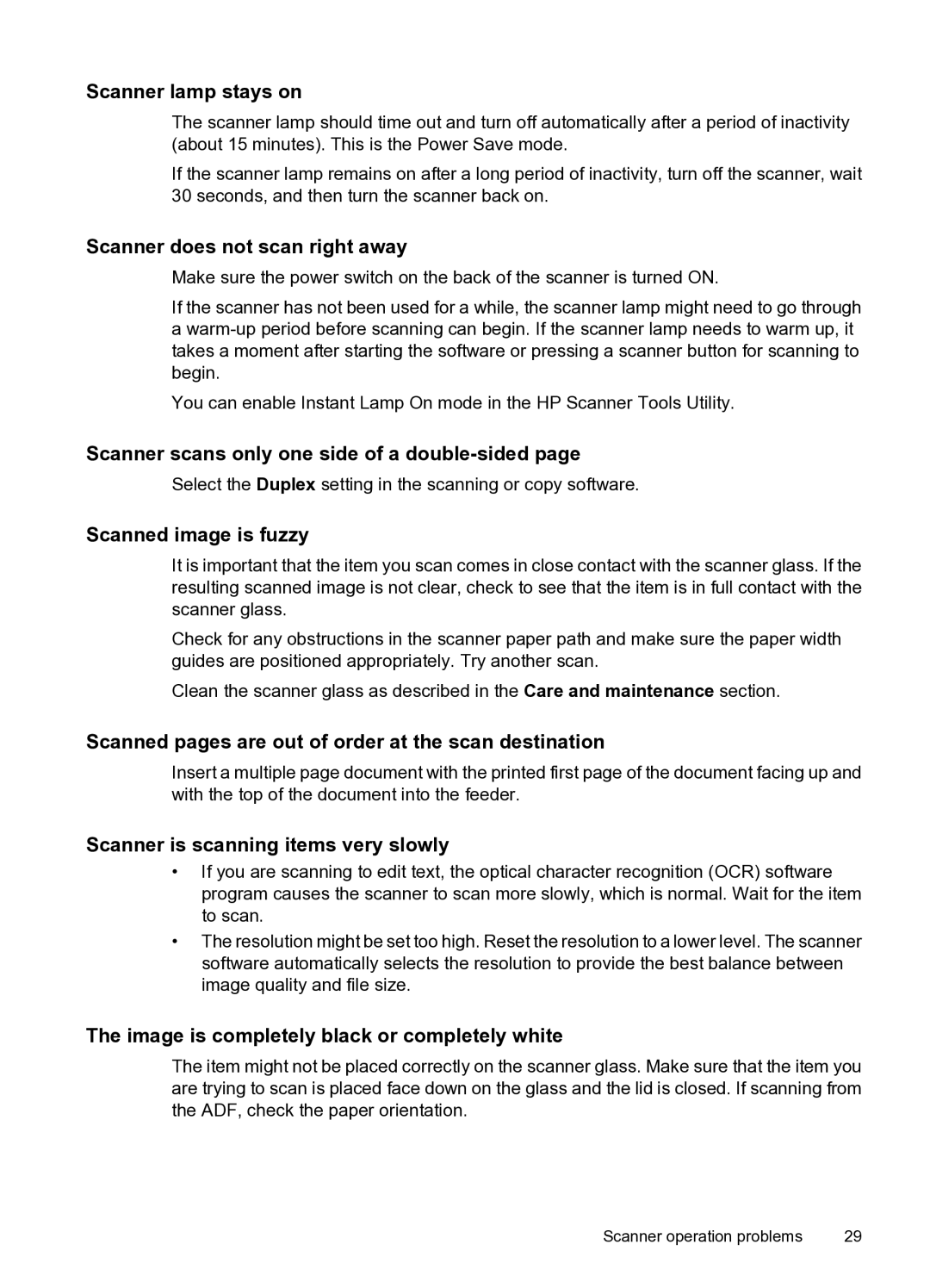 HP N8400 manual Scanner lamp stays on, Scanner does not scan right away, Scanner scans only one side of a double-sided 