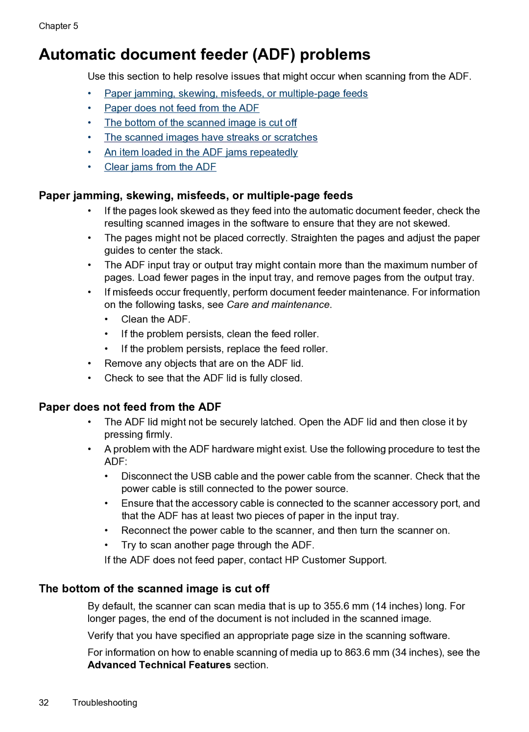 HP N8400 manual Automatic document feeder ADF problems, Paper jamming, skewing, misfeeds, or multiple-page feeds 