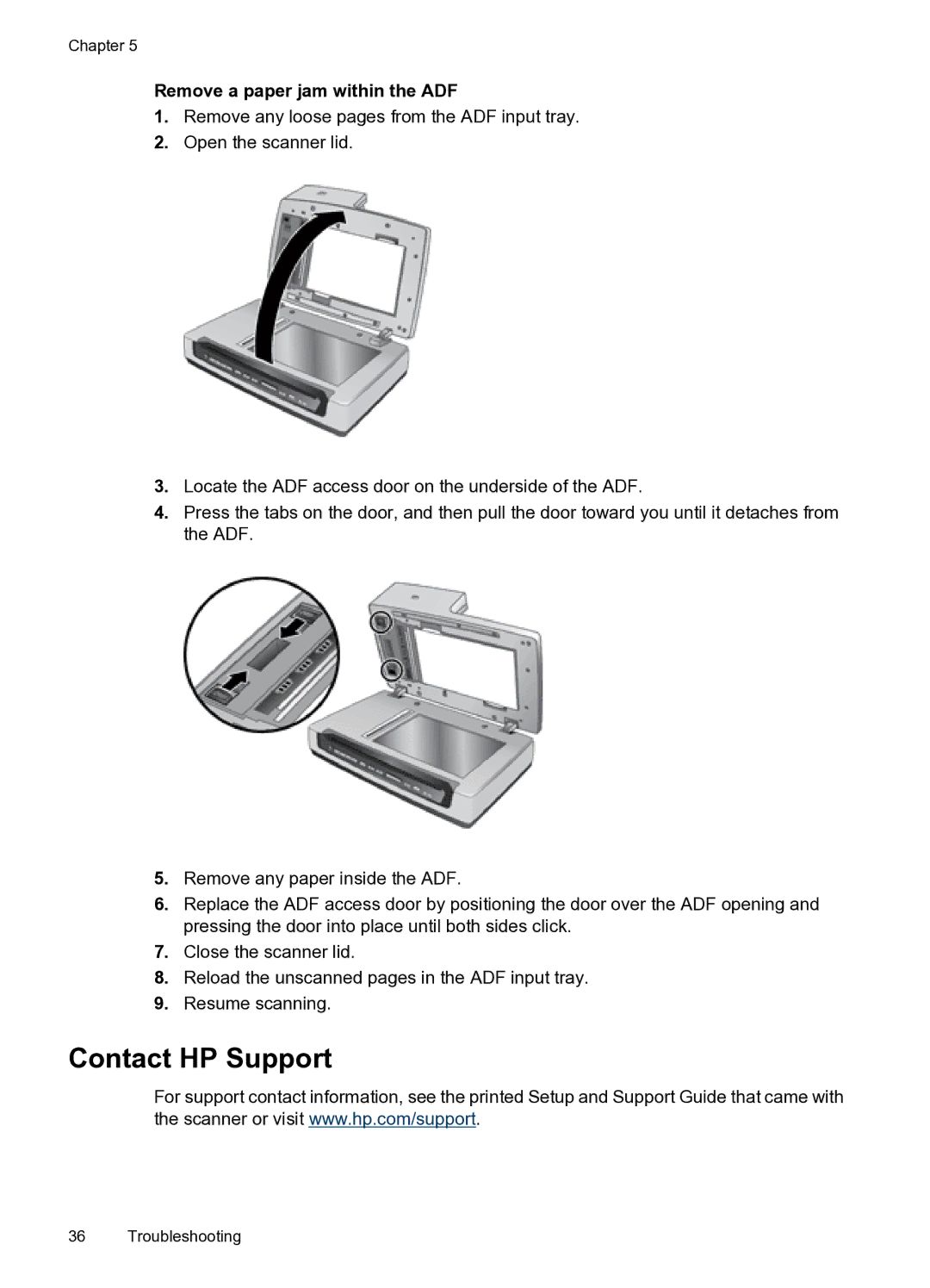 HP N8400 manual Contact HP Support, Remove a paper jam within the ADF 