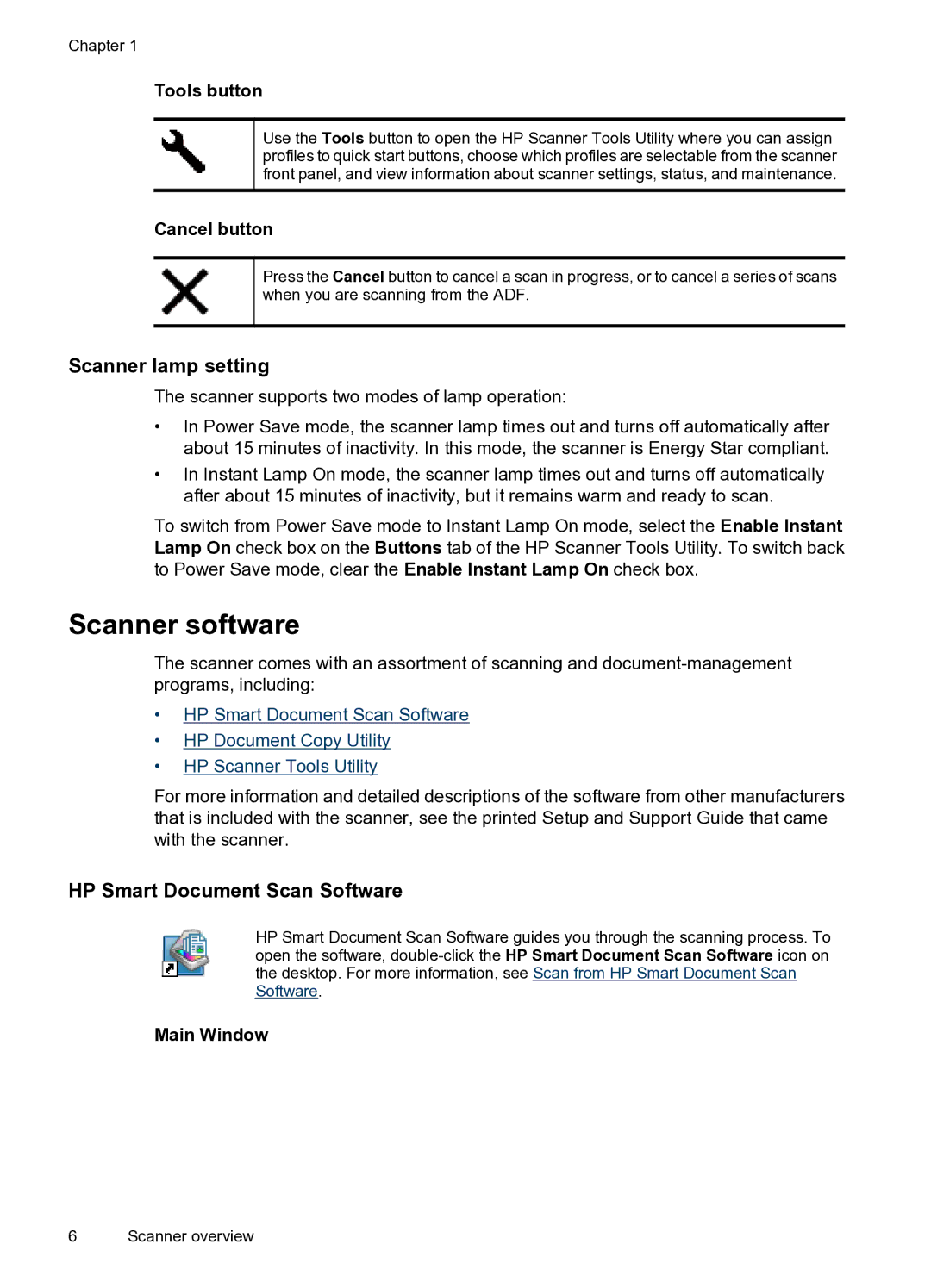 HP N8400 manual Scanner software, Scanner lamp setting, HP Smart Document Scan Software 