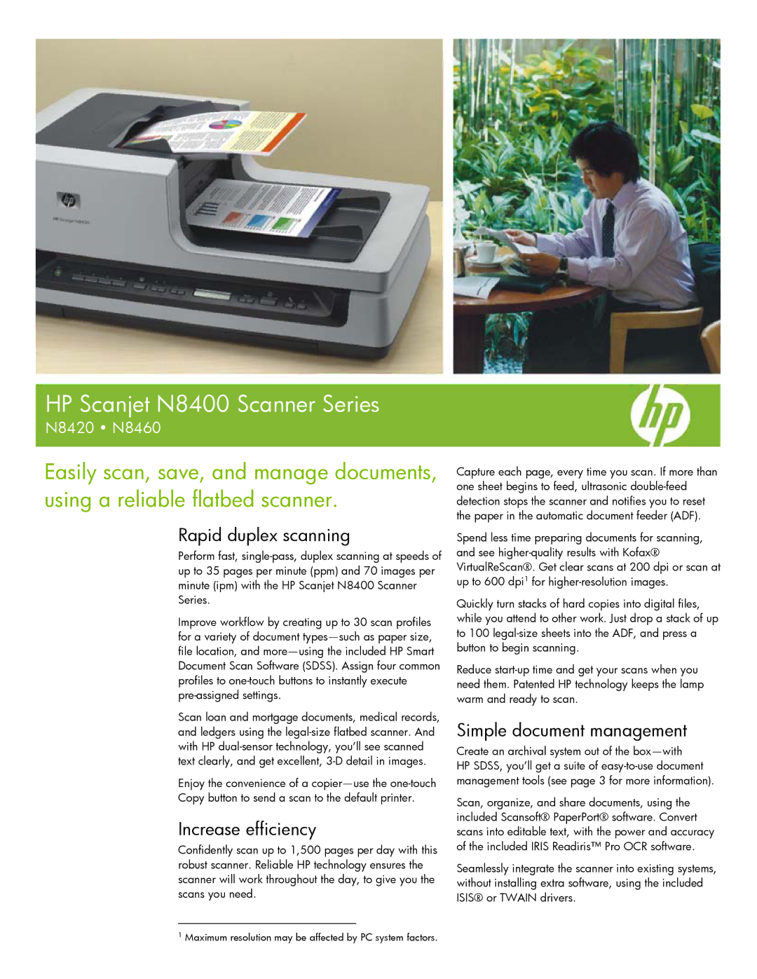 HP N8420, N8460 manual Rapid duplex scanning, Increase efficiency, Simple document management 