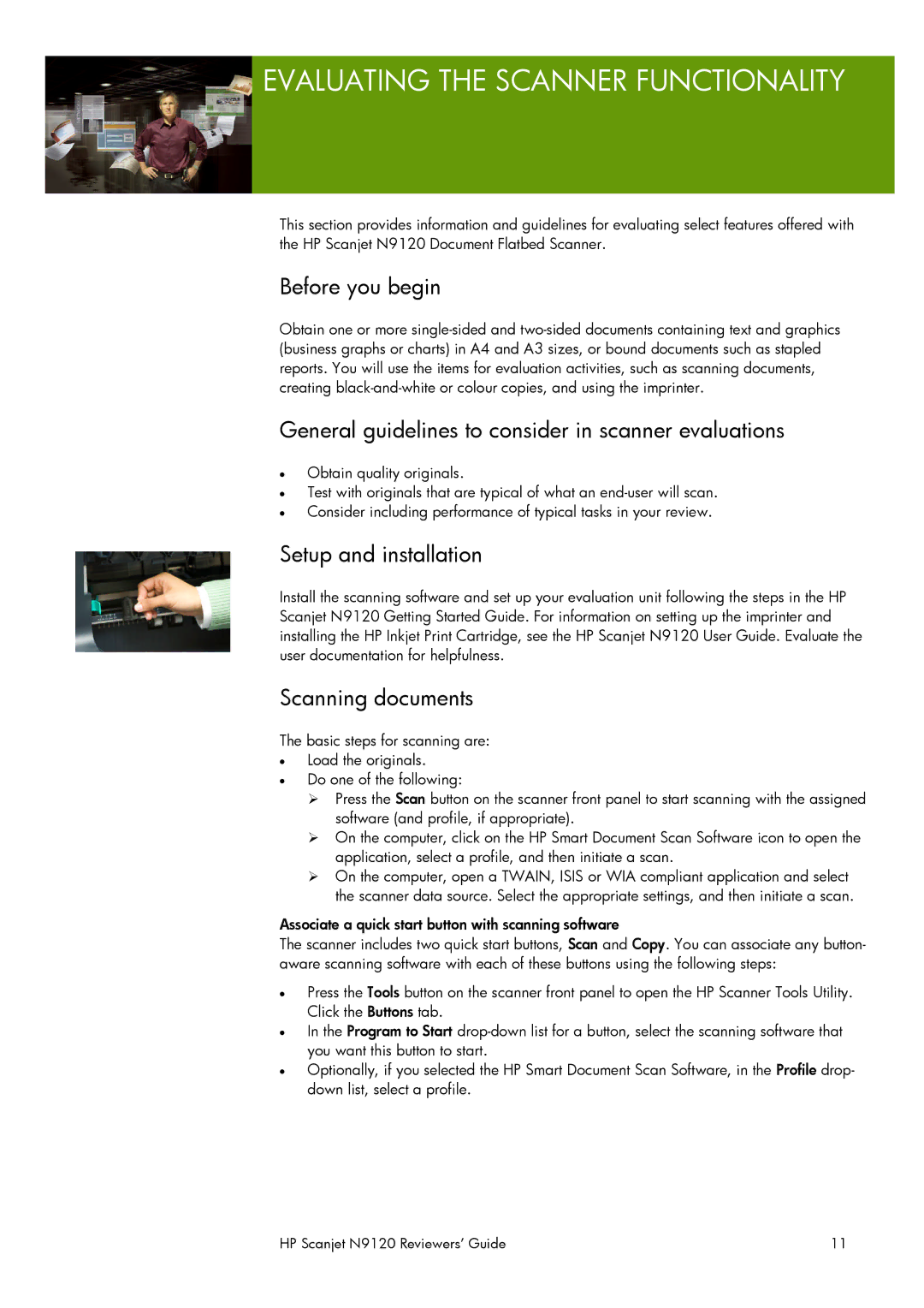 HP N9120 Evaluating the Scanner Functionality, Before you begin, General guidelines to consider in scanner evaluations 