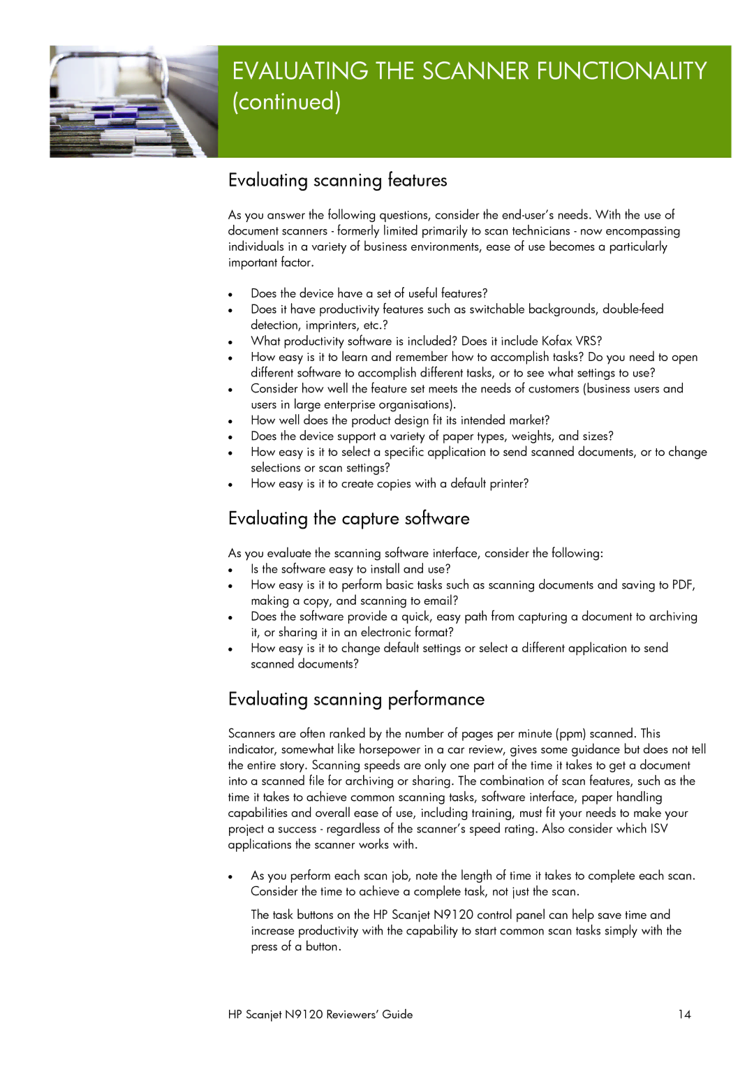 HP N9120 manual Evaluating scanning features, Evaluating the capture software, Evaluating scanning performance 