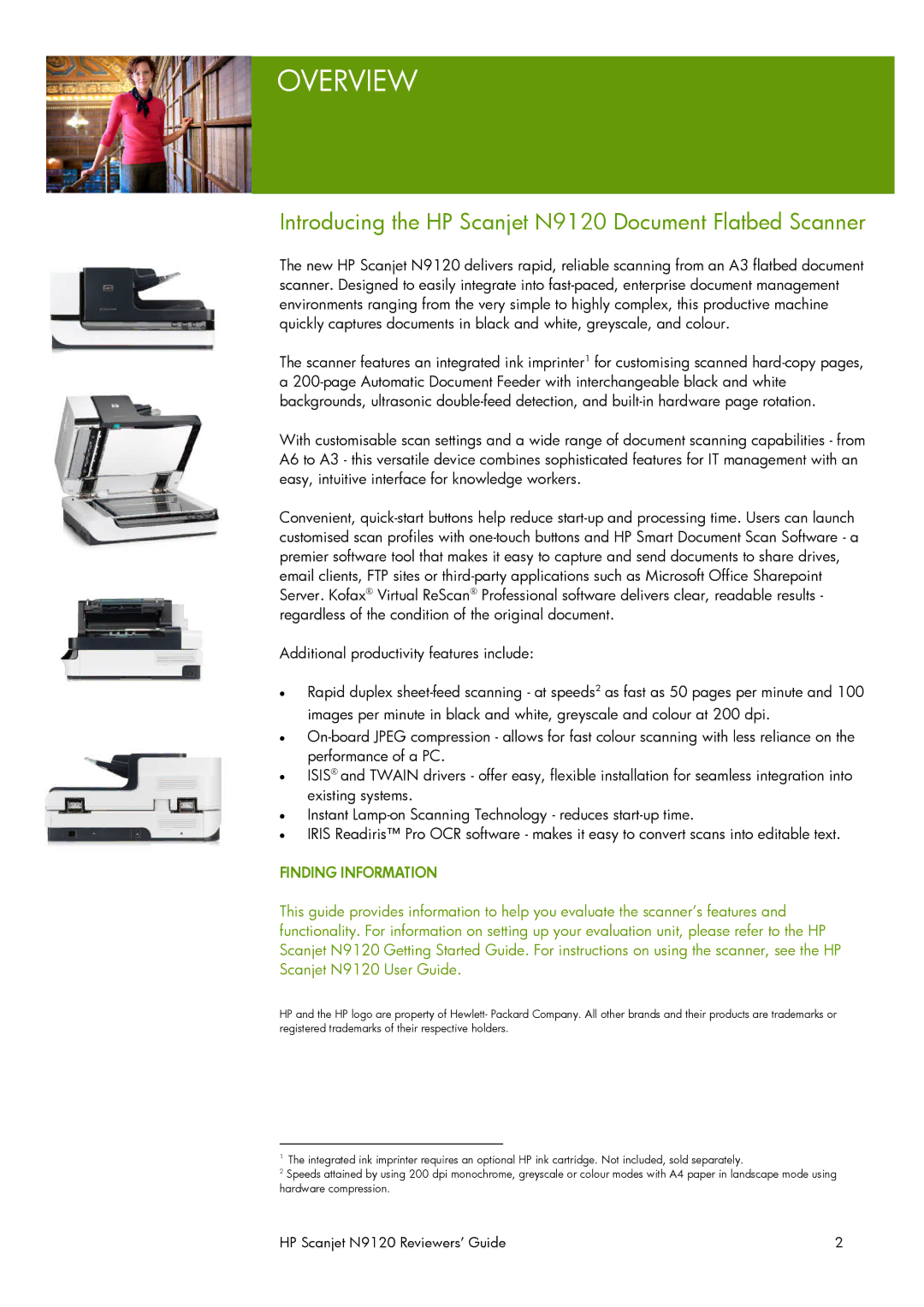 HP manual Overview, Introducing the HP Scanjet N9120 Document Flatbed Scanner 