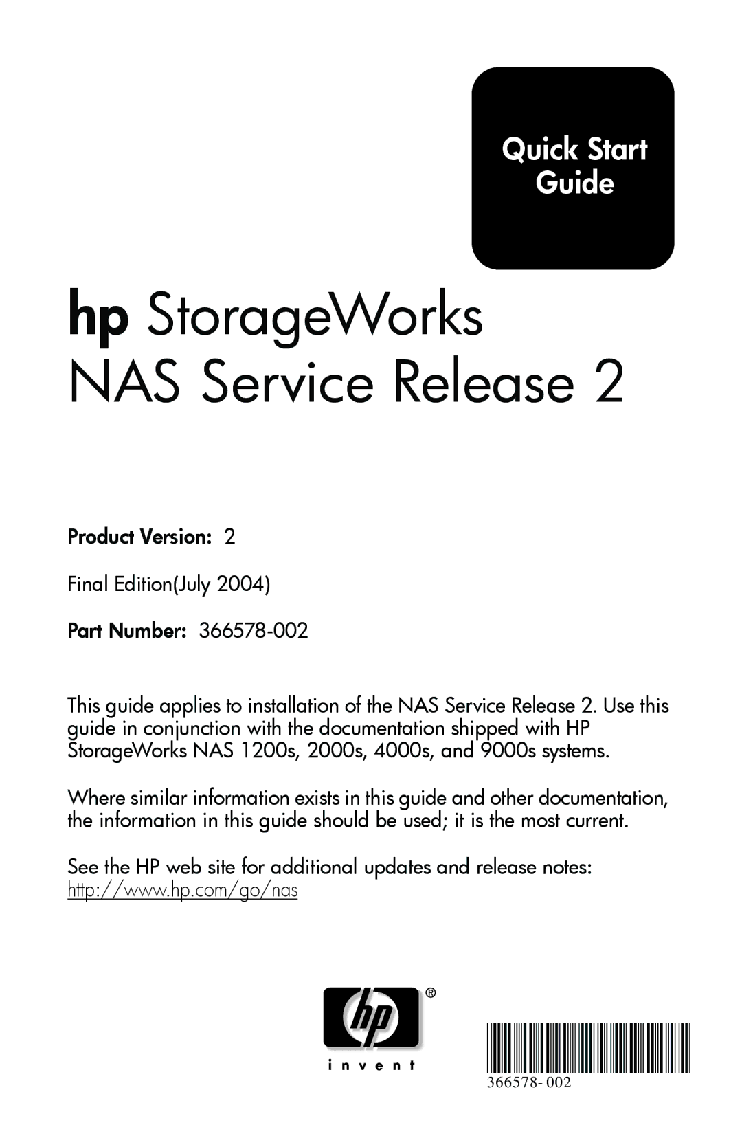 HP NAS 1200s, NAS 2000s manual Hp StorageWorks NAS Service Release 