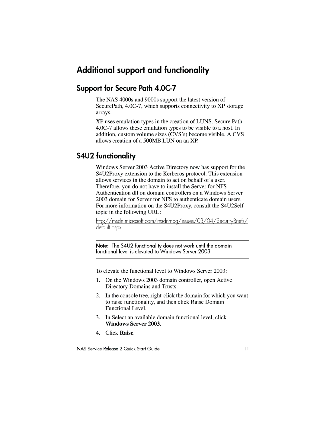 HP NAS 1200s, NAS 2000s manual Additional support and functionality, Support for Secure Path 4.0C-7, S4U2 functionality 