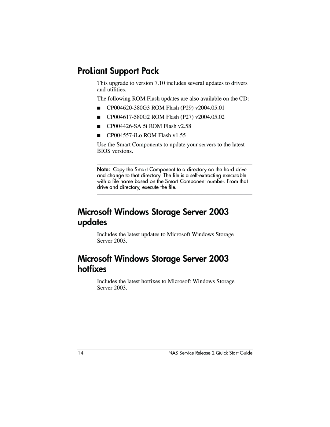 HP NAS 2000s, NAS 1200s manual ProLiant Support Pack, Microsoft Windows Storage Server 2003 updates 