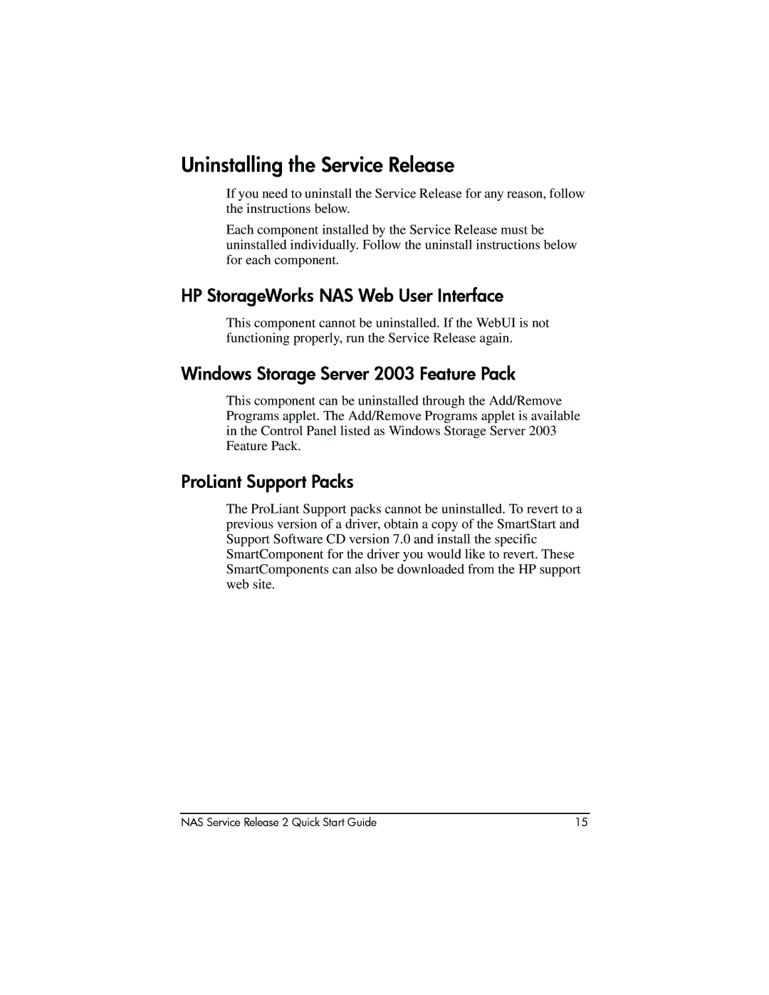 HP NAS 1200s, NAS 2000s Uninstalling the Service Release, HP StorageWorks NAS Web User Interface, ProLiant Support Packs 