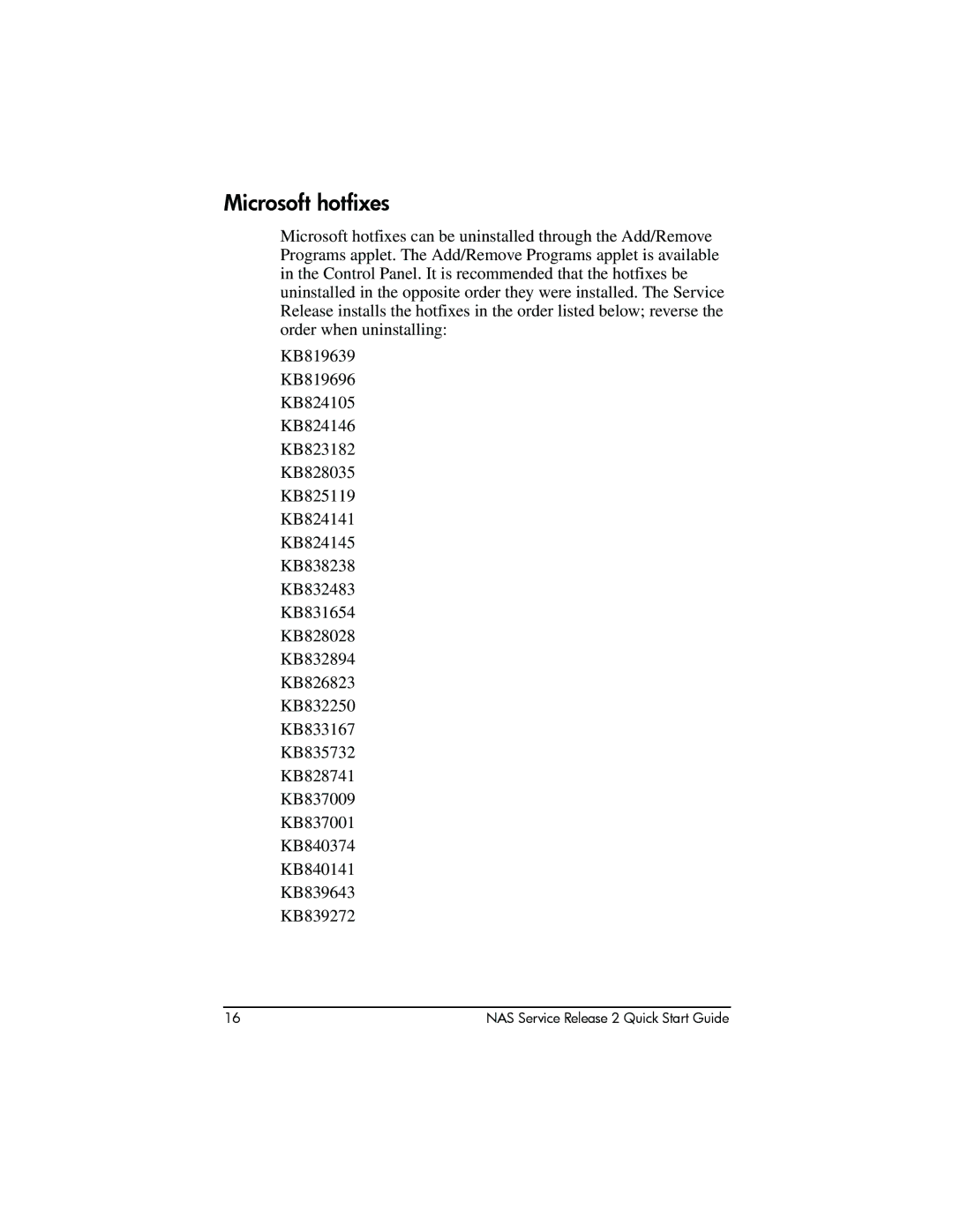 HP NAS 2000s, NAS 1200s manual Microsoft hotfixes 