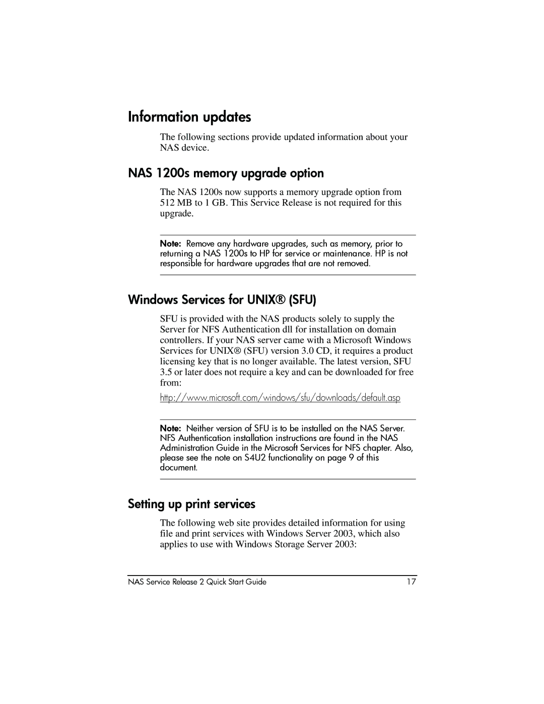 HP manual Information updates, NAS 1200s memory upgrade option, Windows Services for Unix SFU, Setting up print services 