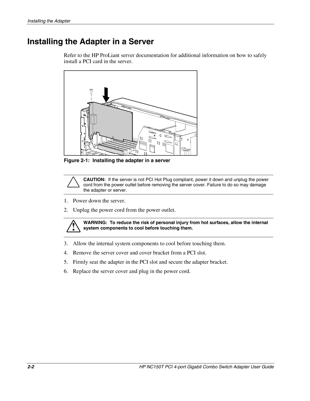 HP NC150T manual Installing the Adapter in a Server, Installing the adapter in a server 