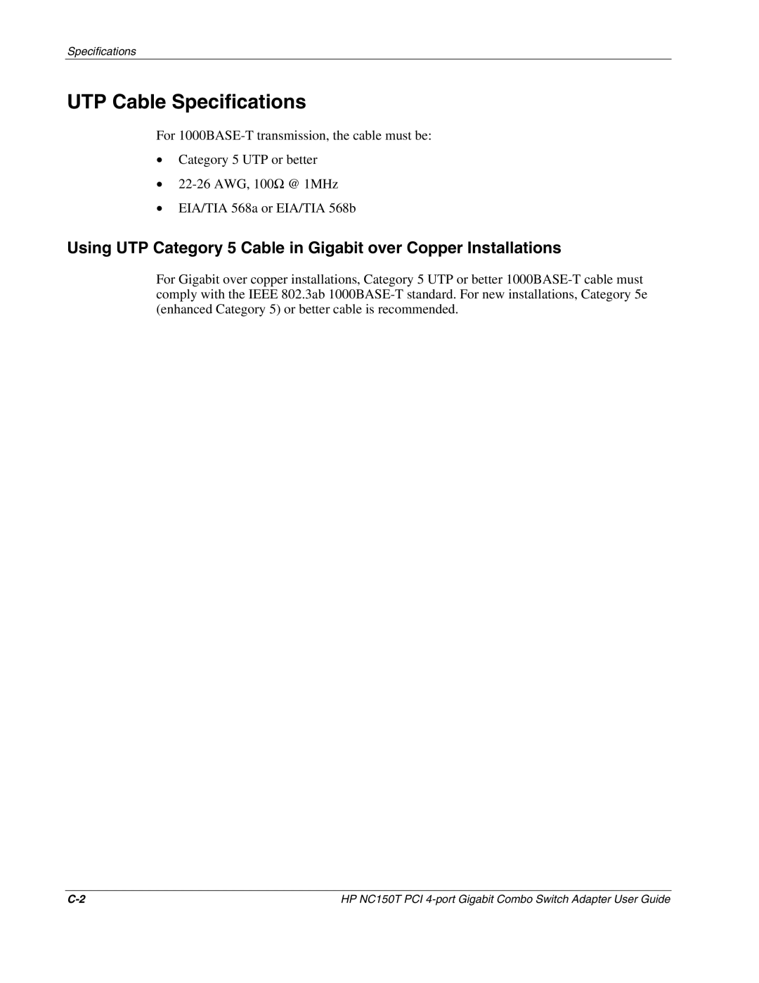 HP NC150T manual UTP Cable Specifications 