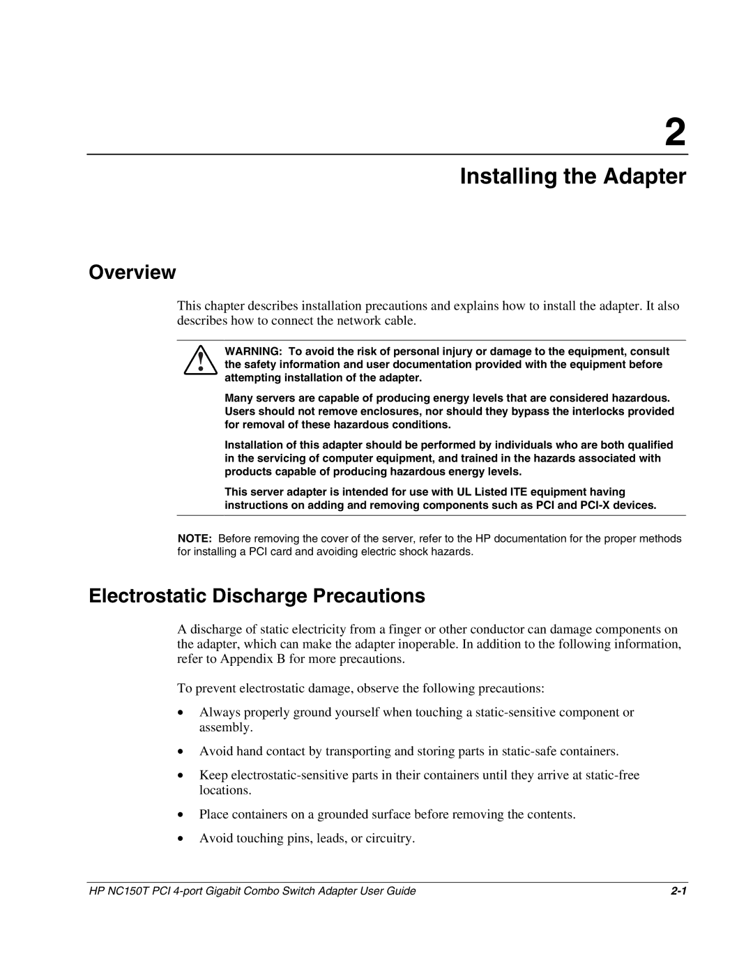 HP NC150T manual Installing the Adapter, Overview, Electrostatic Discharge Precautions 