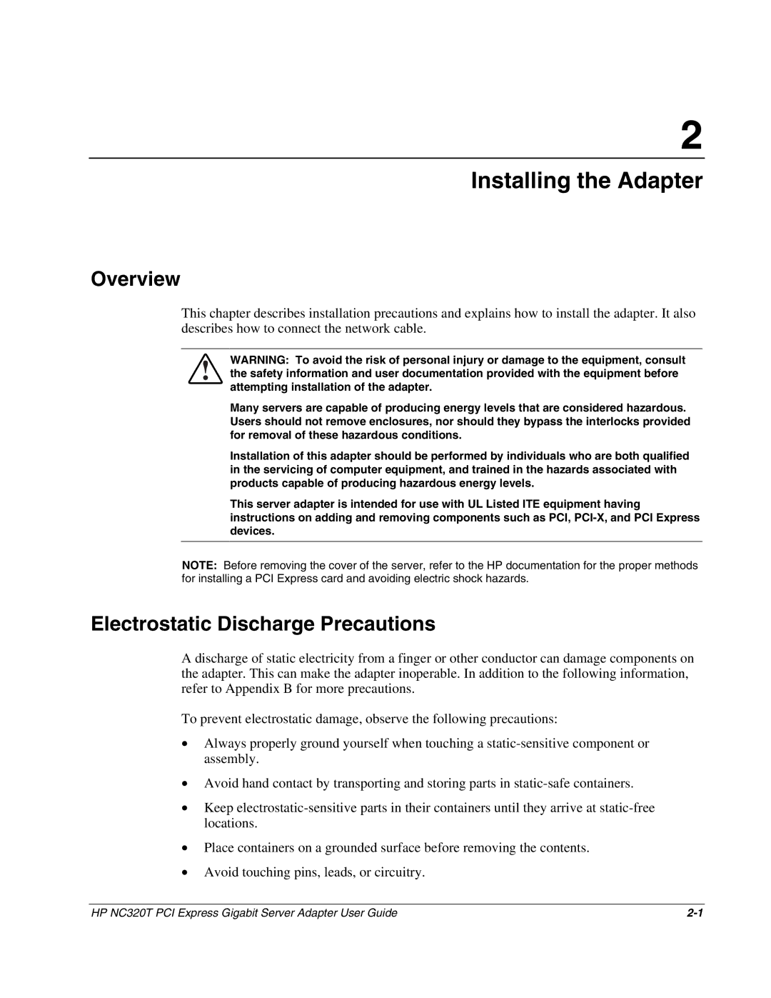 HP NC320T manual Installing the Adapter, Overview, Electrostatic Discharge Precautions 