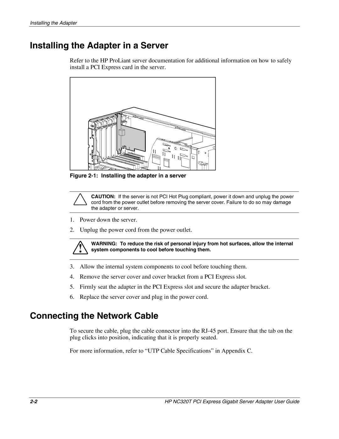 HP NC320T manual Installing the Adapter in a Server, Connecting the Network Cable 