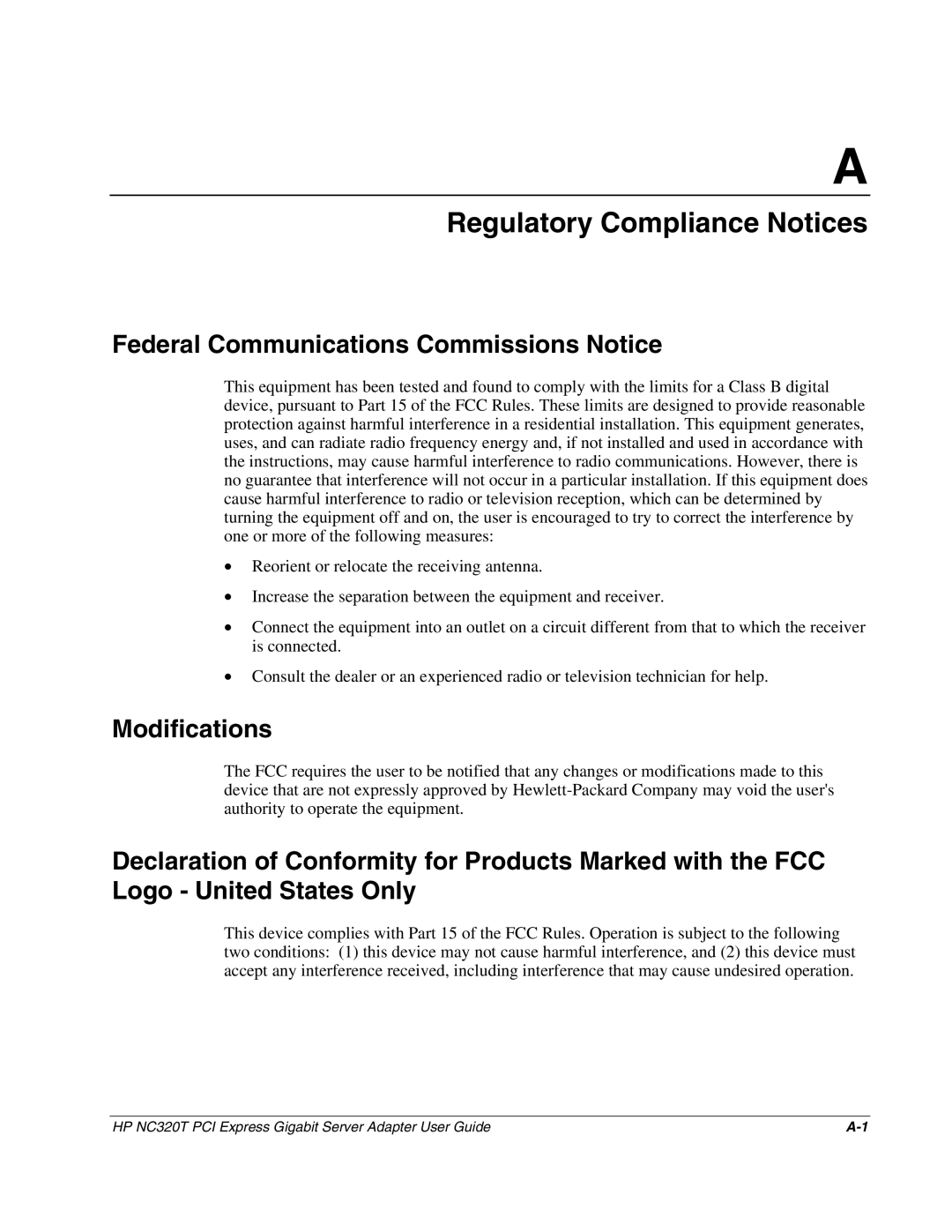 HP NC320T manual Regulatory Compliance Notices, Federal Communications Commissions Notice, Modifications 