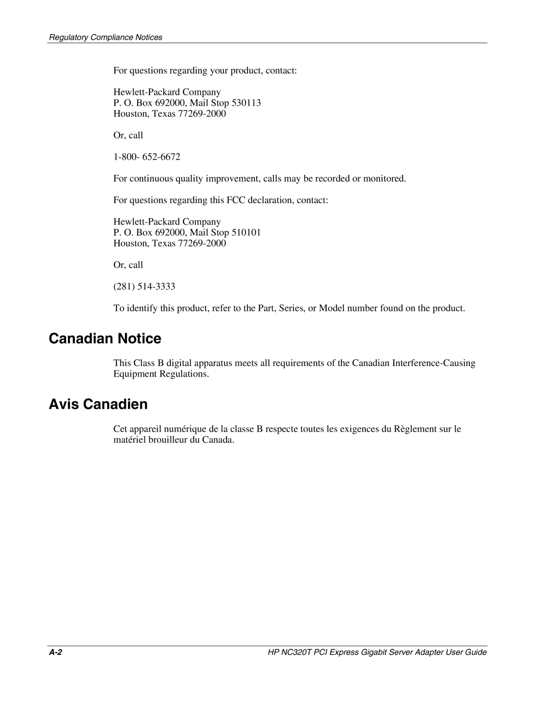 HP NC320T manual Canadian Notice, Avis Canadien 