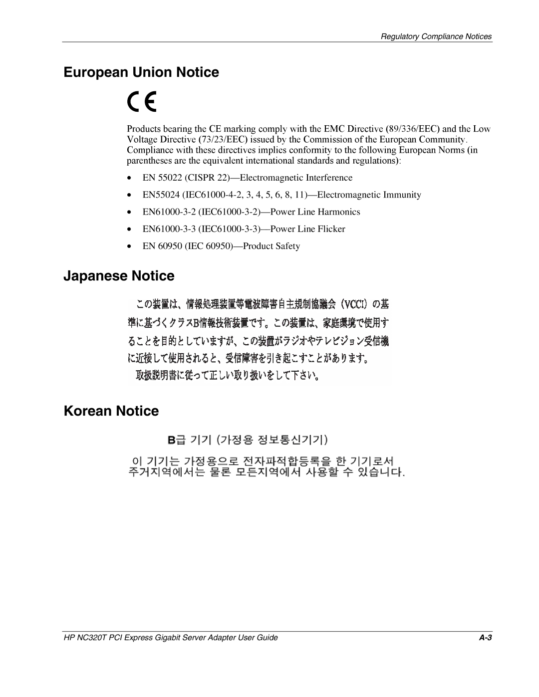 HP NC320T manual European Union Notice, Japanese Notice Korean Notice 