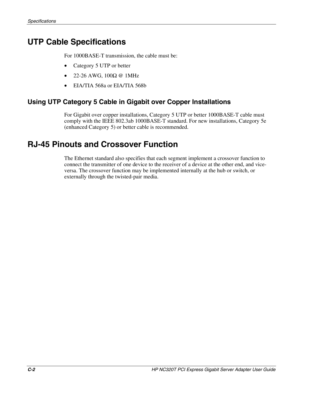 HP NC320T manual UTP Cable Specifications, RJ-45 Pinouts and Crossover Function 