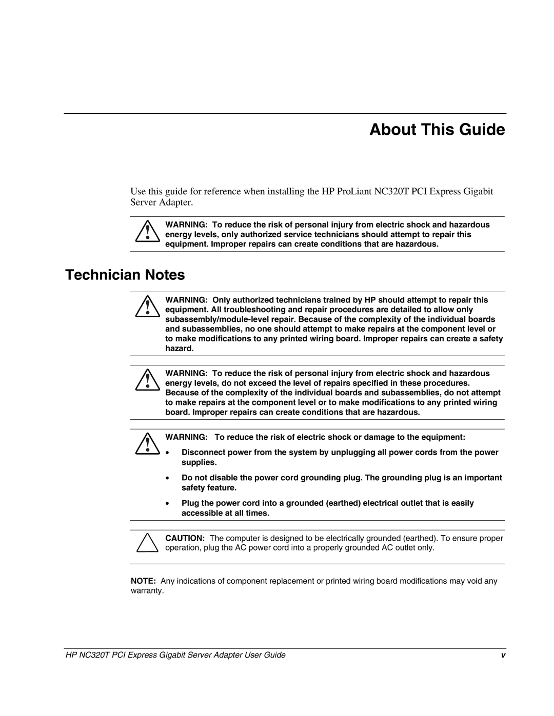 HP NC320T manual About This Guide, Technician Notes 