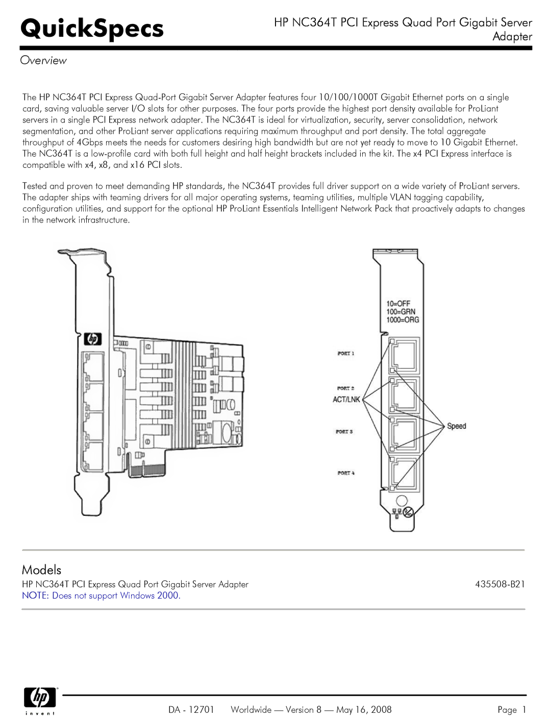 HP NC364T Quad Port Gigabit Server Adapter 435508-B21 manual QuickSpecs, Overview 