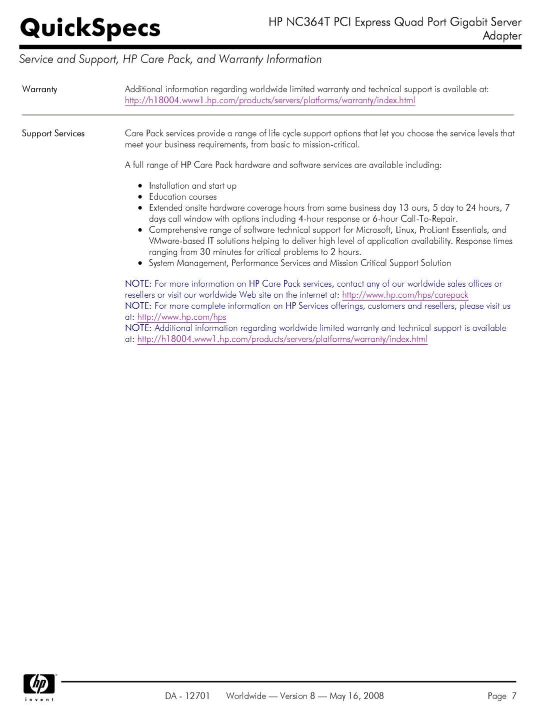 HP NC364T Quad Port Gigabit Server Adapter 435508-B21 manual Service and Support, HP Care Pack, and Warranty Information 
