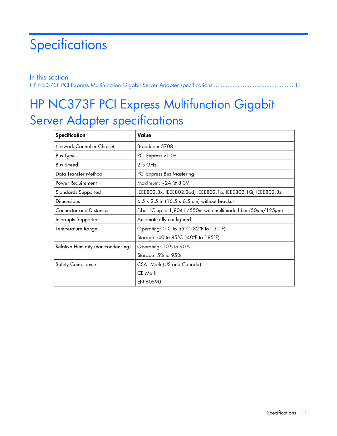 HP NC373F manual Specifications, Specification Value 