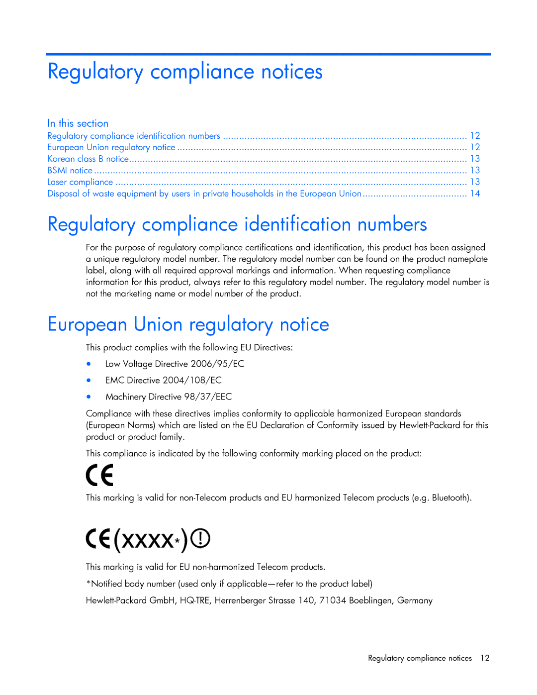 HP NC373F Regulatory compliance notices, Regulatory compliance identification numbers, European Union regulatory notice 