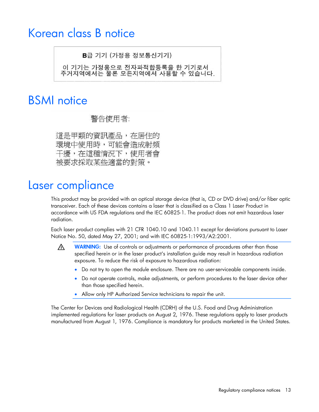 HP NC373F manual Korean class B notice Bsmi notice Laser compliance 