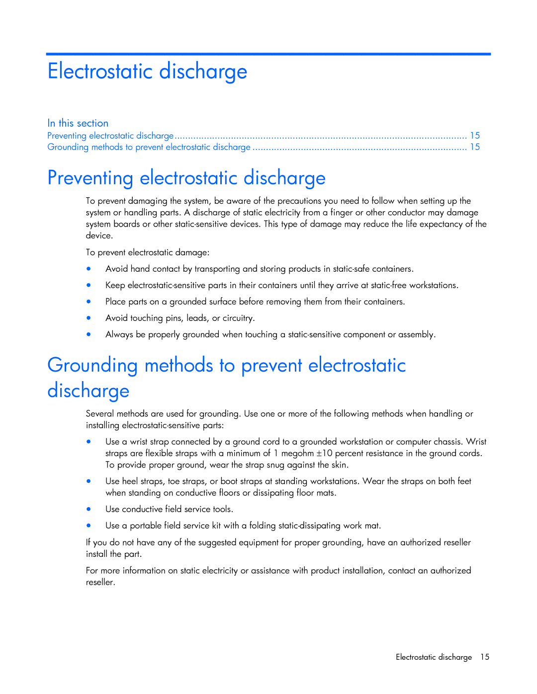 HP NC373F manual Electrostatic discharge, Grounding methods to prevent electrostatic discharge 