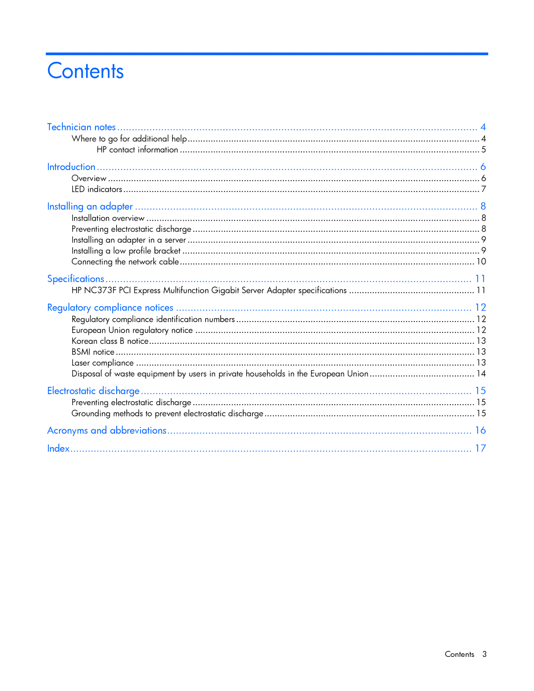 HP NC373F manual Contents 