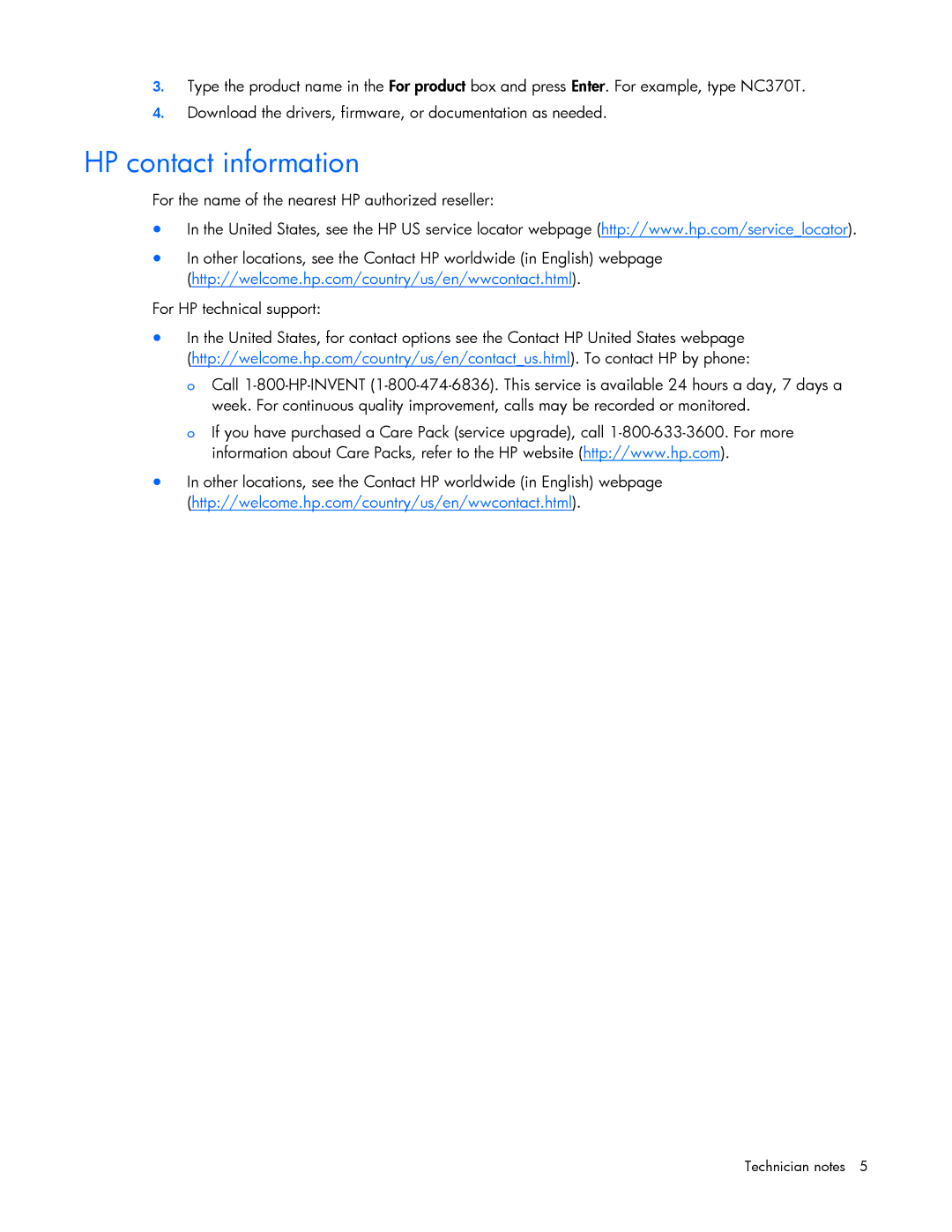 HP NC373F manual HP contact information 