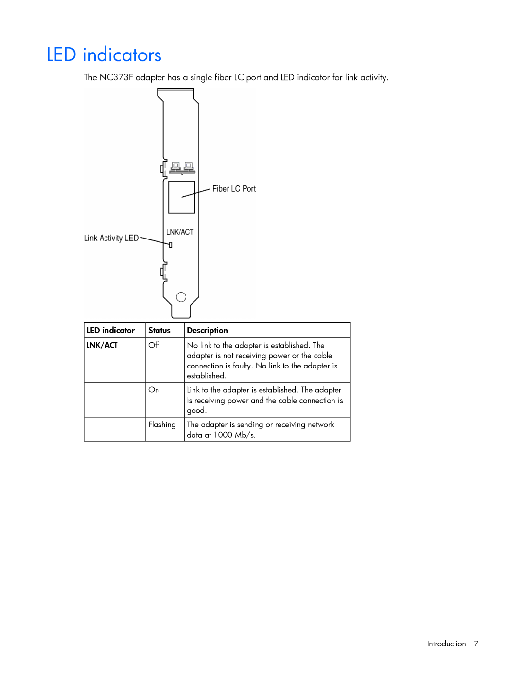 HP NC373F manual LED indicators, Lnk/Act 