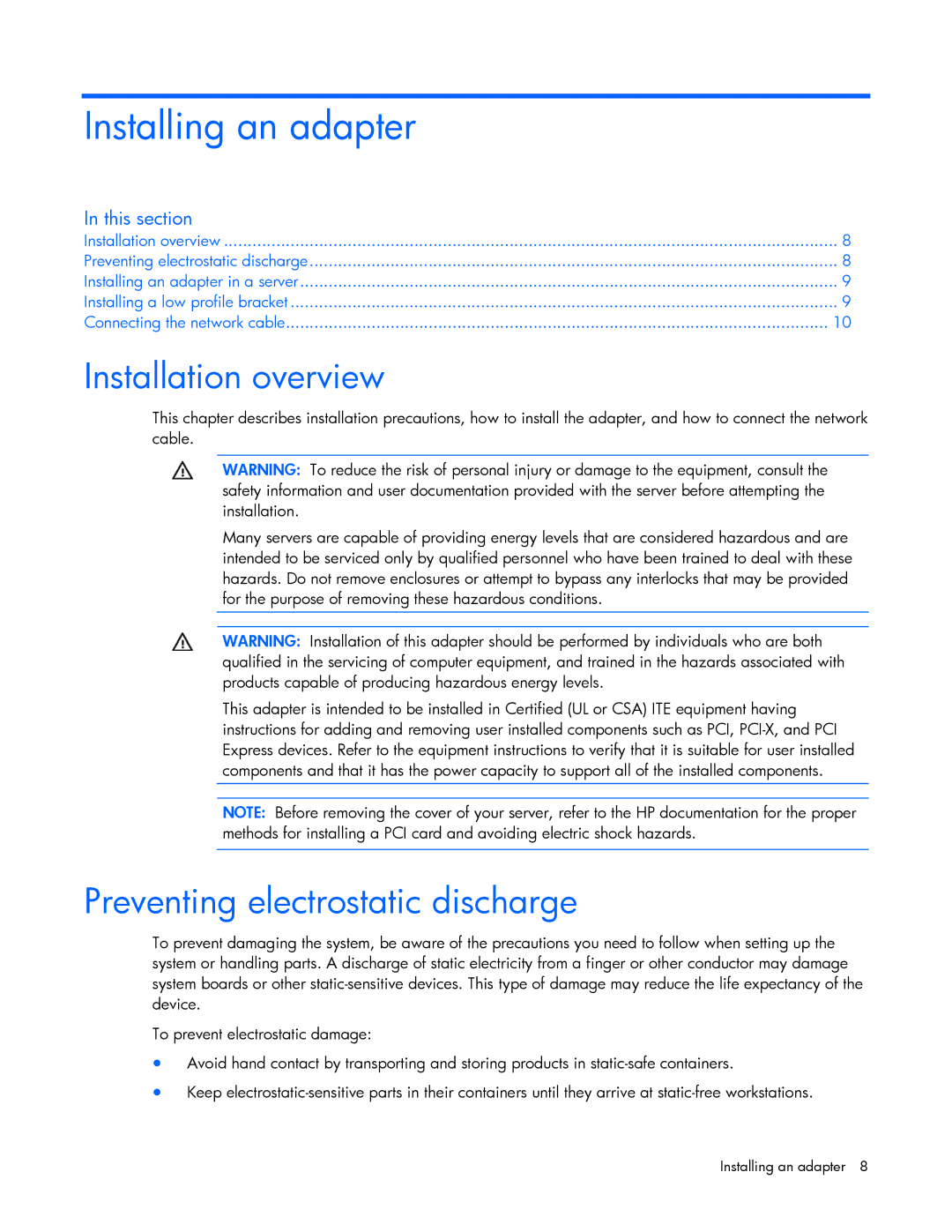 HP NC373F manual Installing an adapter, Installation overview, Preventing electrostatic discharge 