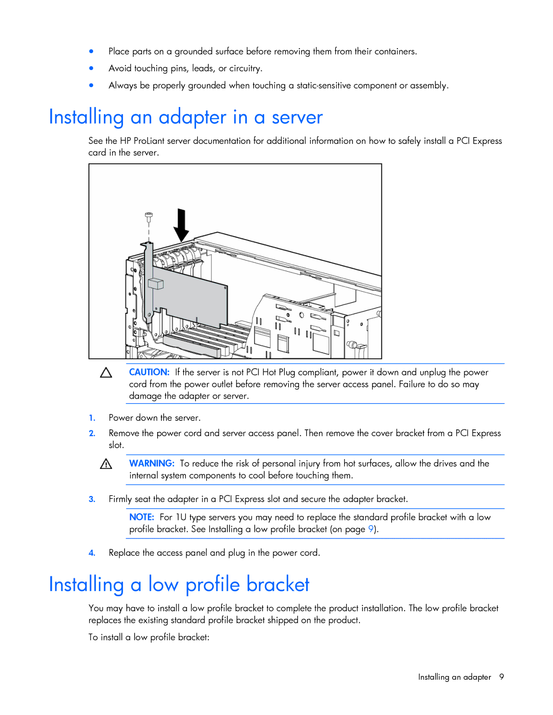 HP NC373F manual Installing an adapter in a server, Installing a low profile bracket 