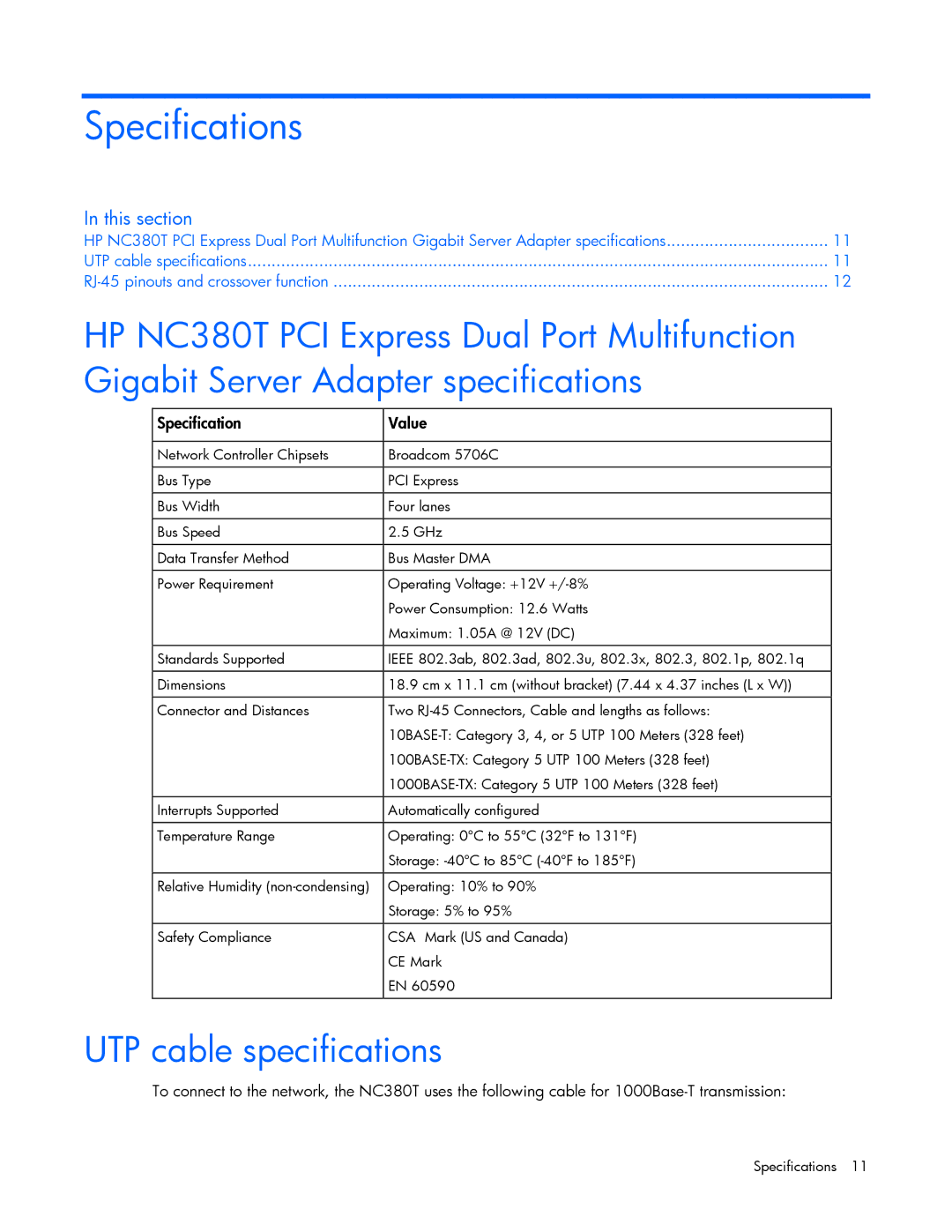 HP NC380T manual Specifications, UTP cable specifications 